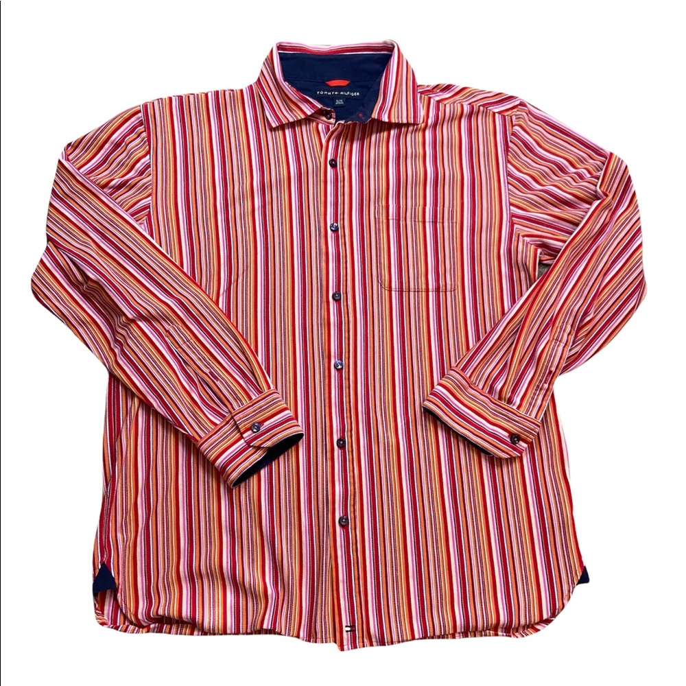 2004 Tommy Hilfiger 80’s 2 Ply Fabric Men's Button Down Striped Shirt Sz XL
